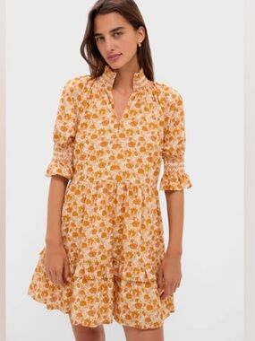 Hyacinth House NWT Floral Smocked Midi Dress Puff Sleeve Cottagecore Mustard L